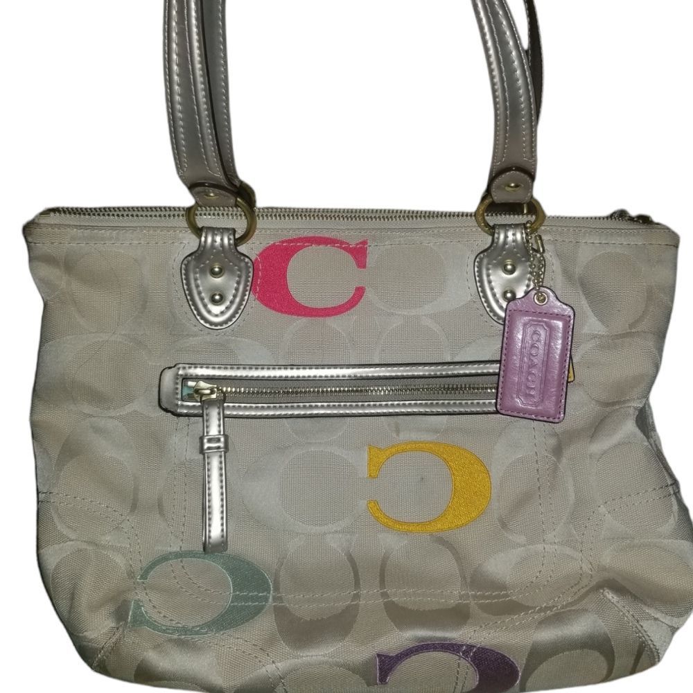 Coach💖Satchel Signature C Large Bag Multi Colored Rainbow Bag